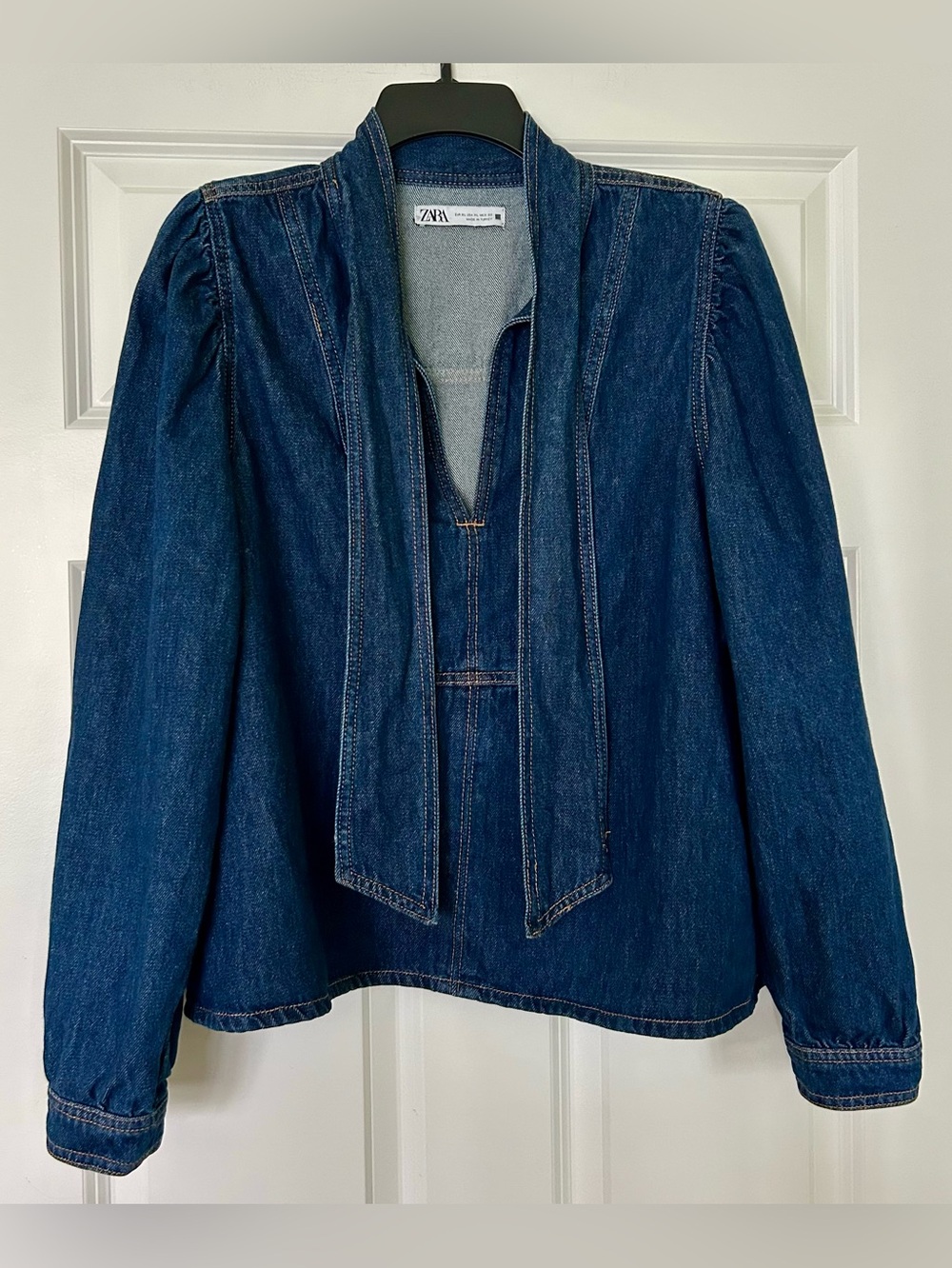 Zara Indigo Denim Tie-Front V-neck Blouse